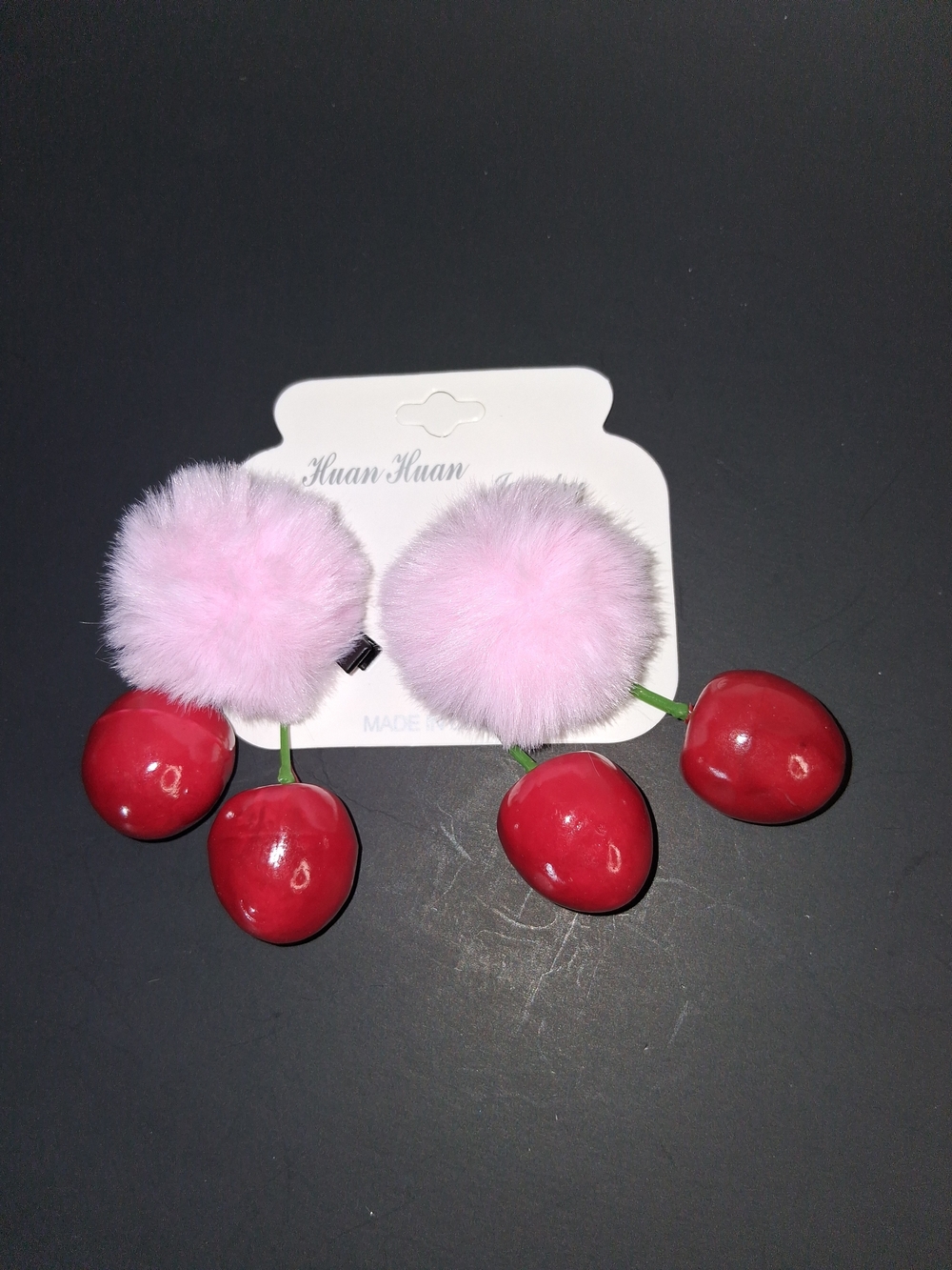 Pink Pom Pom Cherry Hair Clips - Set of 2